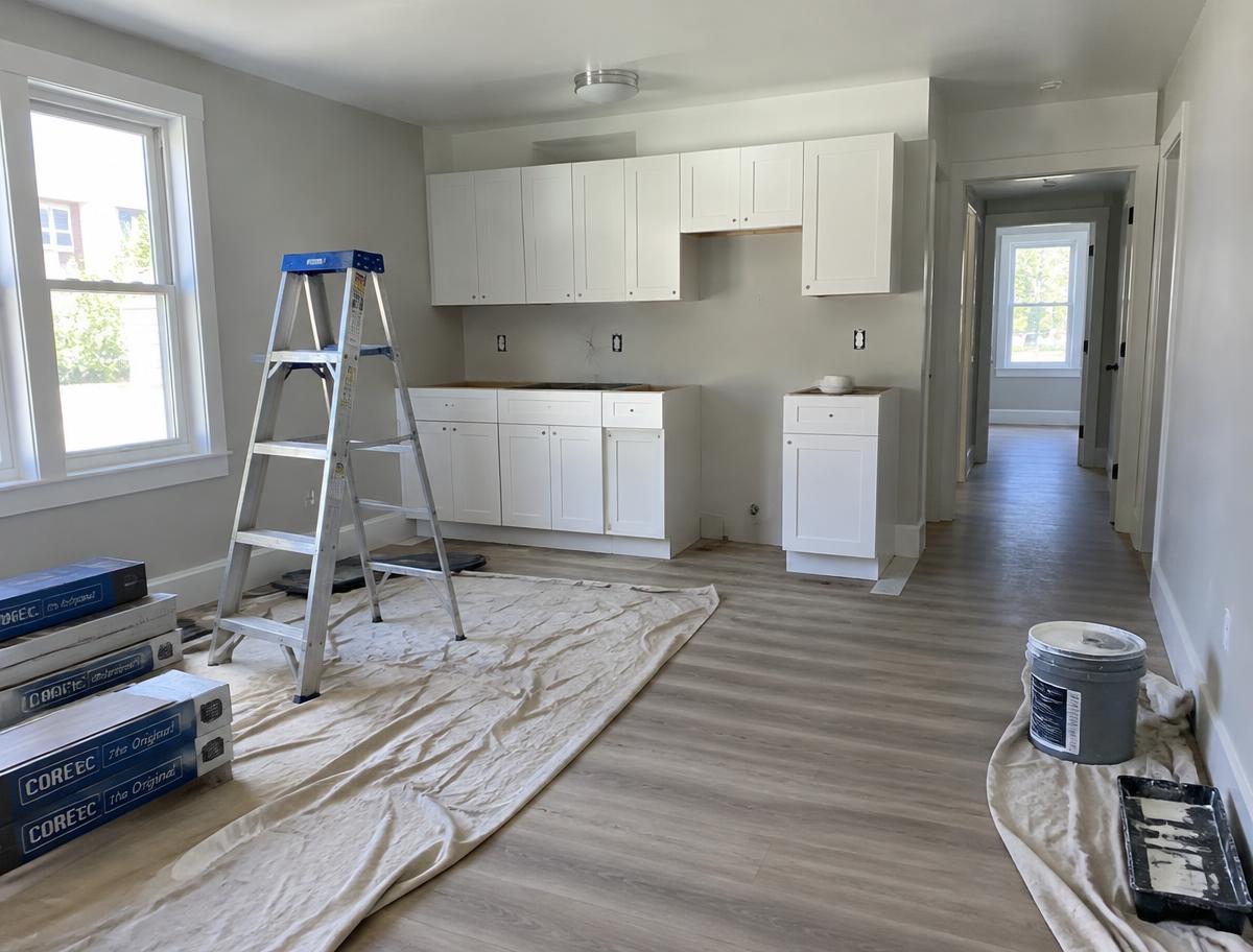 Illustrative photo: modest rental kitchen mid-renovation with new cabinets and flooring